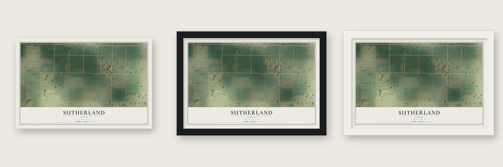 Sutherland, Utah map unframed, in a black wood frame and in a white wood frame
