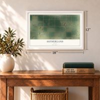 Sutherland, Utah map, 12 x 18 inch print in a white frame in an entryway