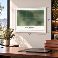 Sutherland, Utah map, 18 x 24 inch print in a white frame in a home office