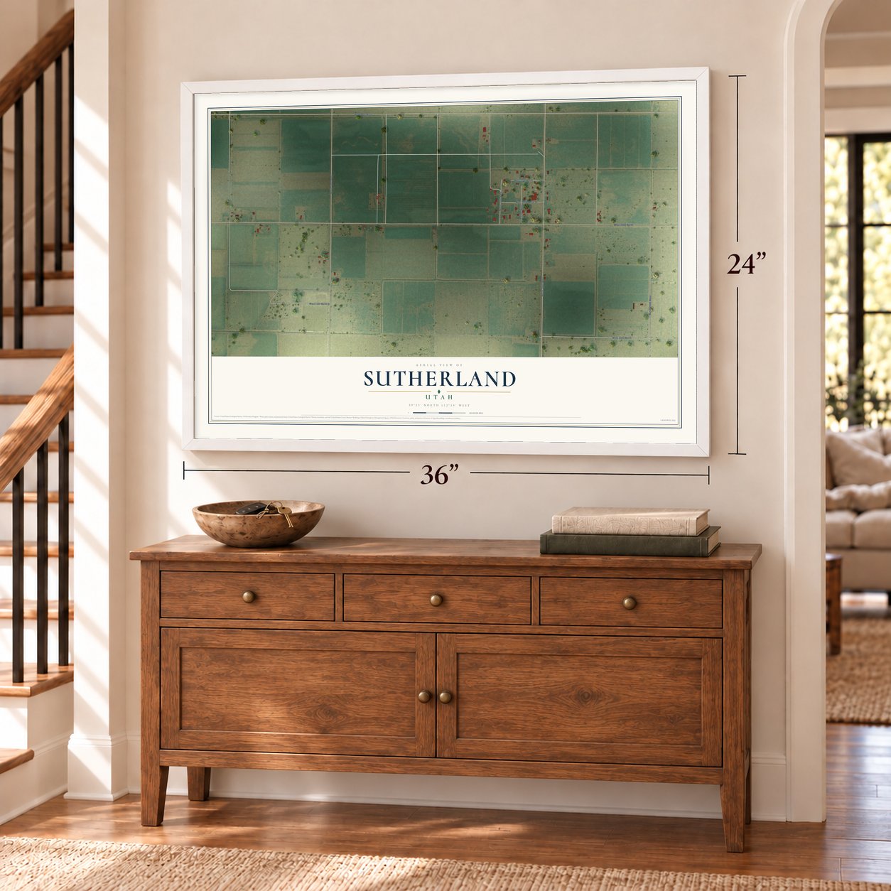 Sutherland, Utah map, 24 x 36 inch print in a white frame above a dresser by a staircase