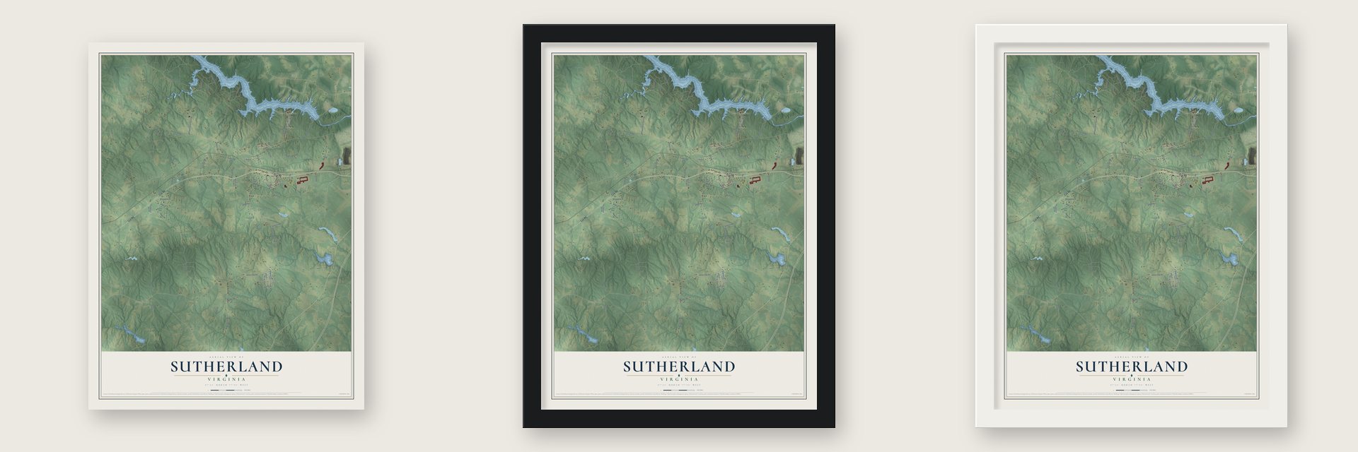 Sutherland, Virginia map unframed, in a black wood frame and in a white wood frame