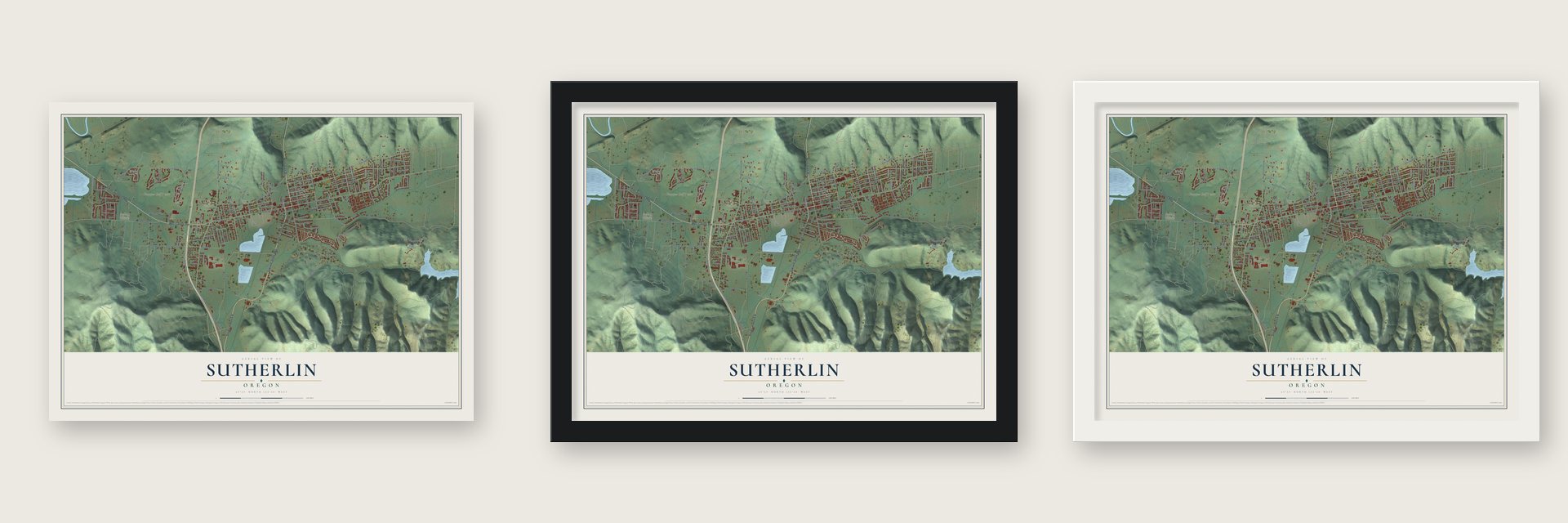 Sutherlin, Oregon map unframed, in a black wood frame and in a white wood frame