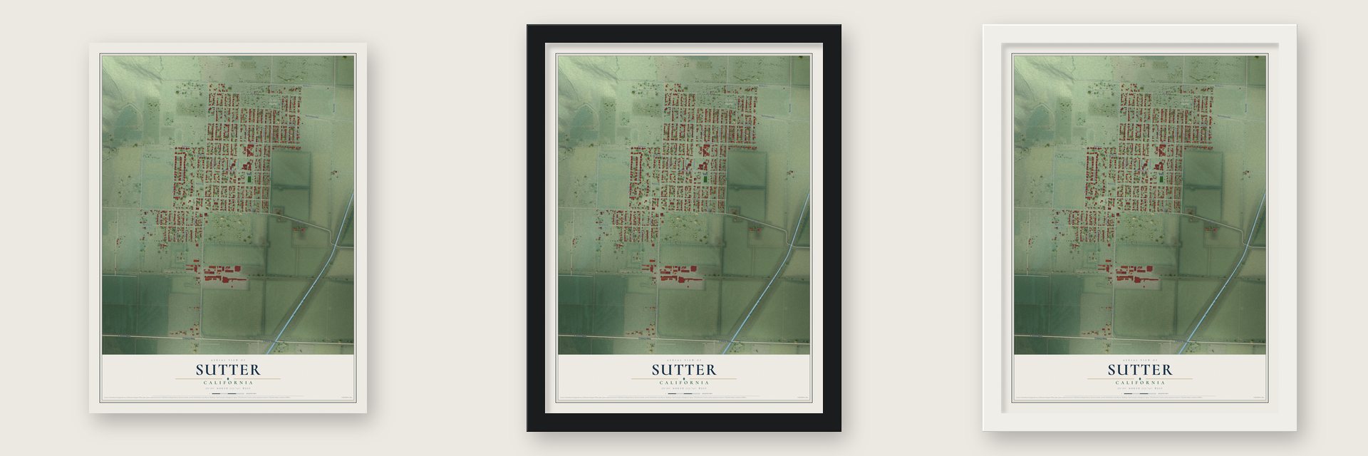 Sutter, California map unframed, in a black wood frame and in a white wood frame