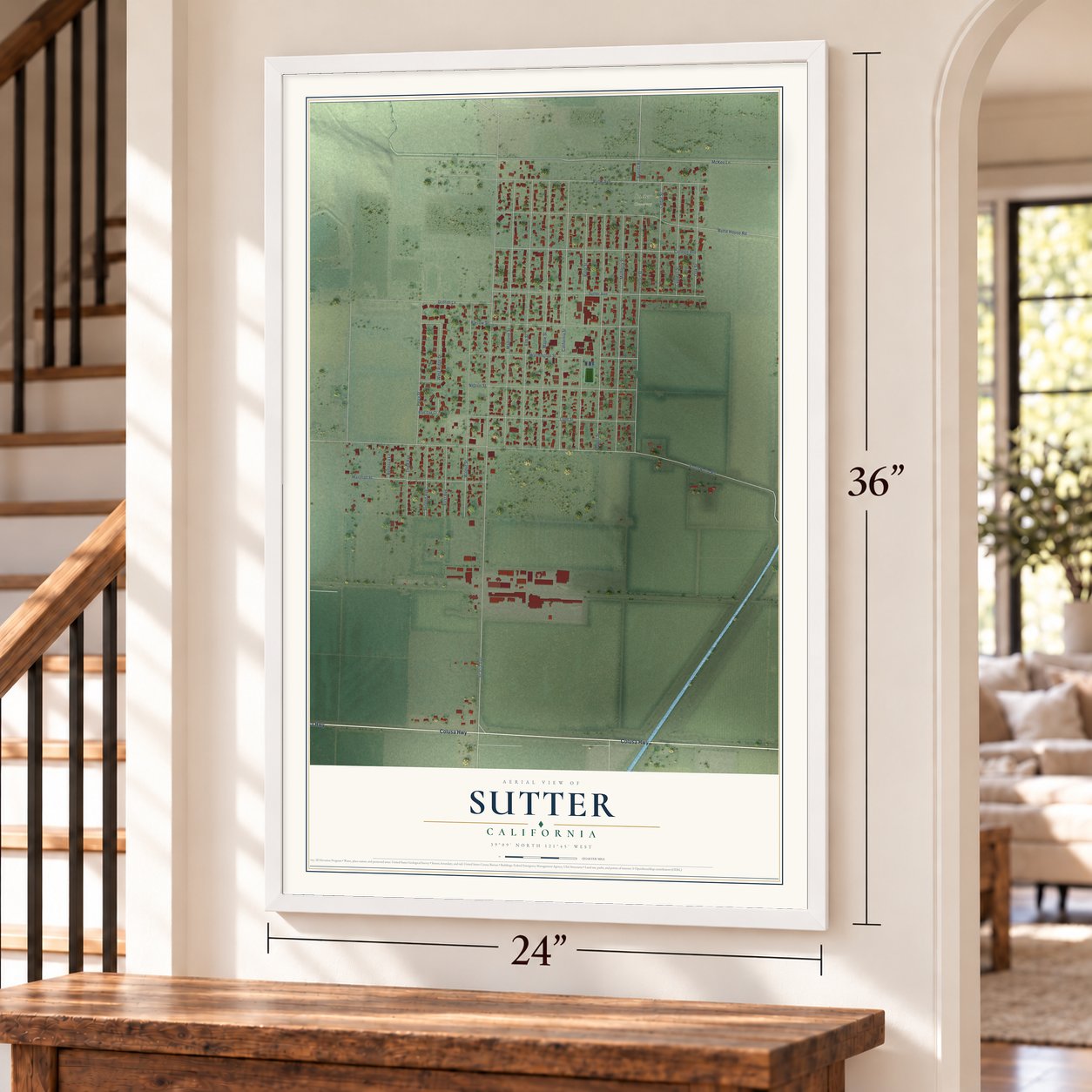 Sutter, California map, 24 x 36 inch print in a white frame by a staircase