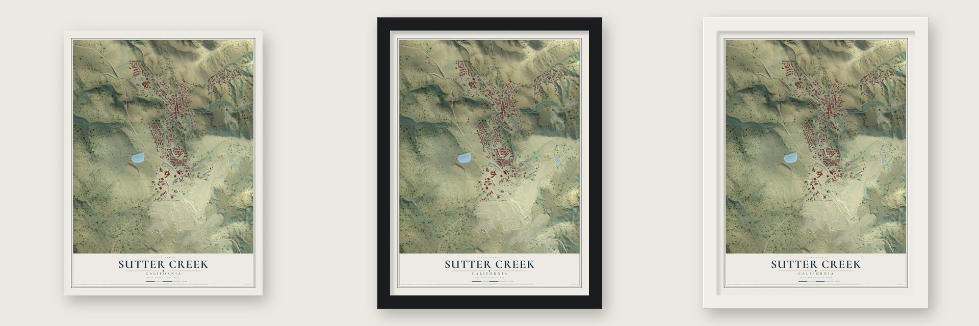 Sutter Creek, California map unframed, in a black wood frame and in a white wood frame