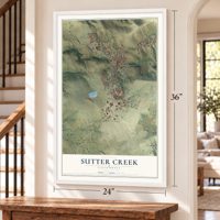 Sutter Creek, California map, 24 x 36 inch print in a white frame by a staircase