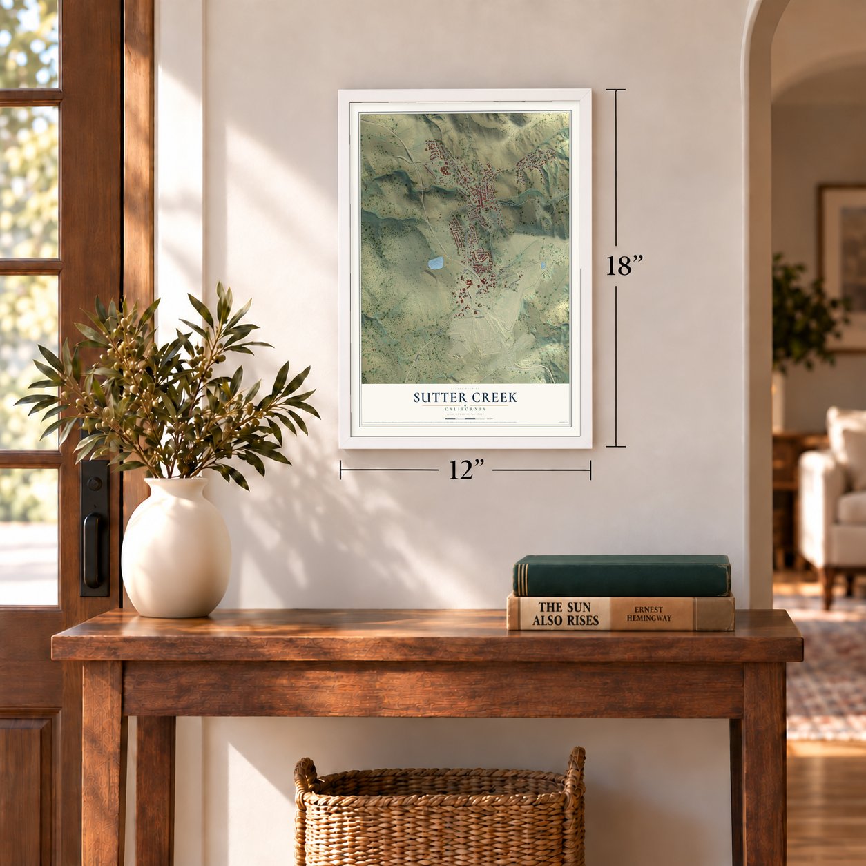Sutter Creek, California map, 12 x 18 inch print in a white frame in an entryway