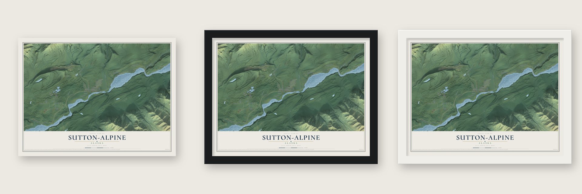 Sutton-Alpine, Alaska map unframed, in a black wood frame and in a white wood frame