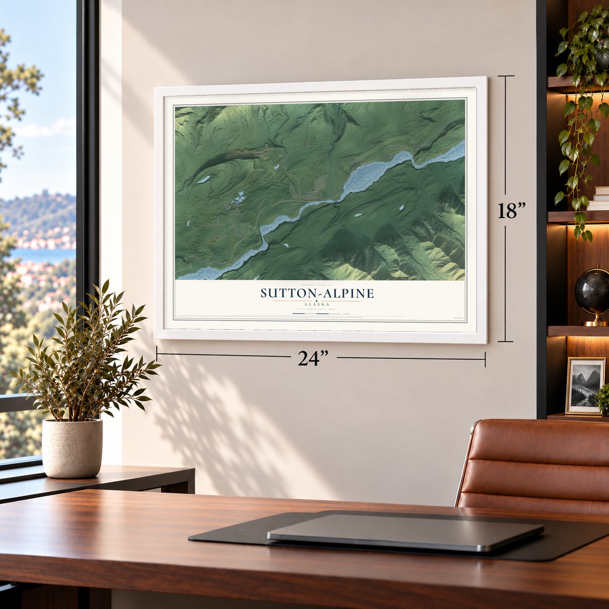 Sutton-Alpine, Alaska map, 18 x 24 inch print in a white frame in a home office