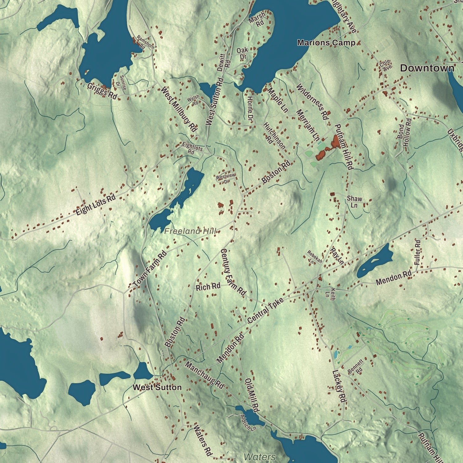 Close-up of the map of Sutton, Massachusetts print showing terrain and local geography