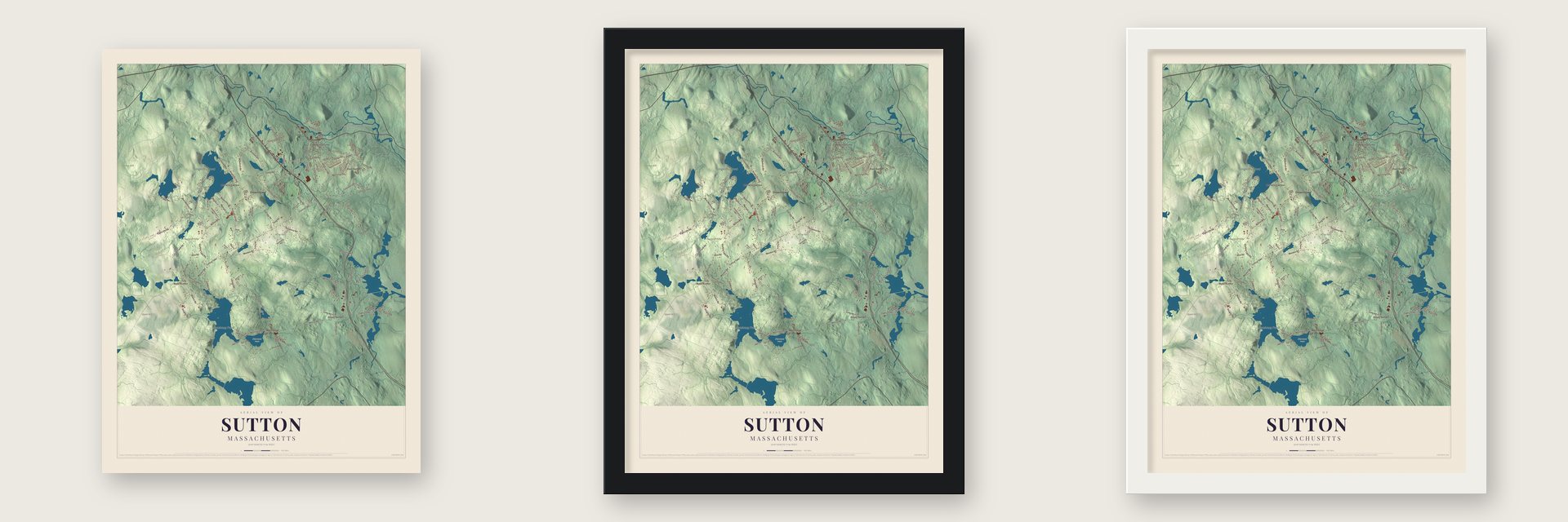 Sutton, Massachusetts map unframed, in a black wood frame and in a white wood frame