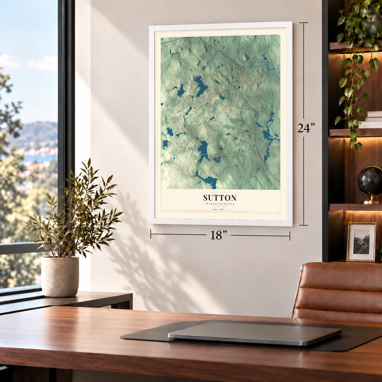 Sutton, Massachusetts map, 18 x 24 inch print in a white frame in a home office