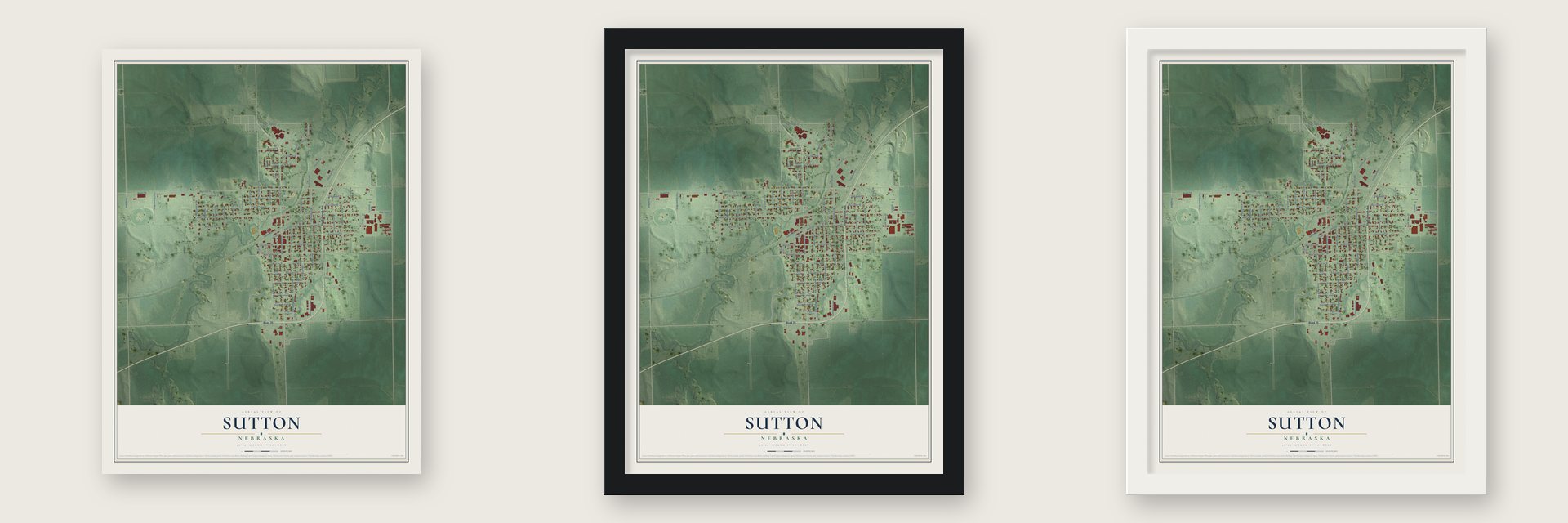 Sutton, Nebraska map unframed, in a black wood frame and in a white wood frame