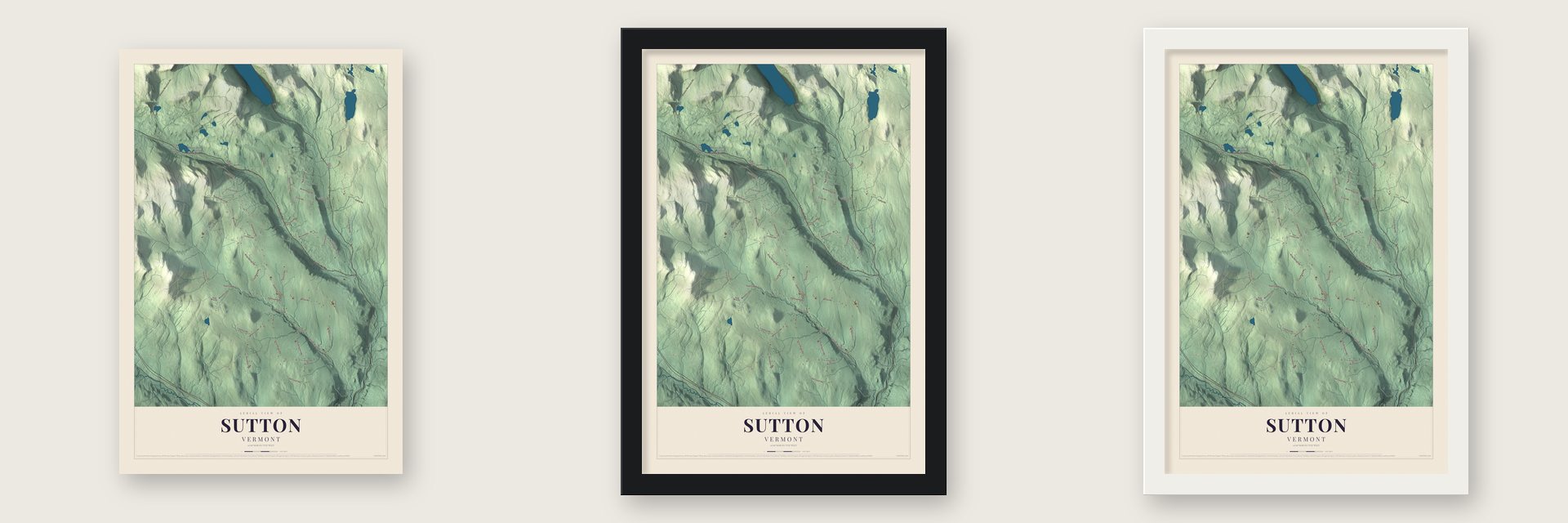 Sutton, Vermont map unframed, in a black wood frame and in a white wood frame