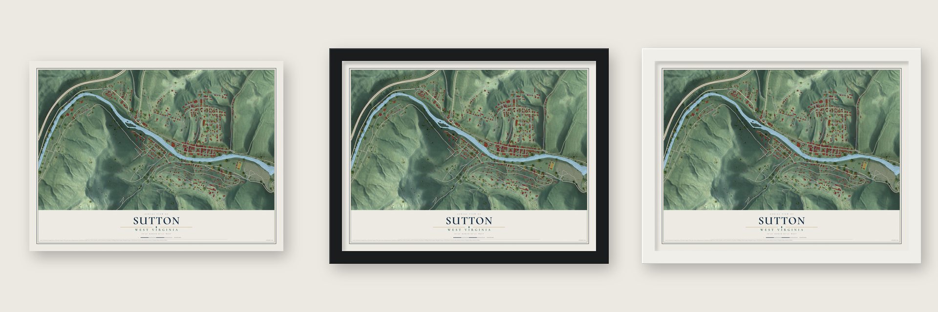 Sutton, West Virginia map unframed, in a black wood frame and in a white wood frame