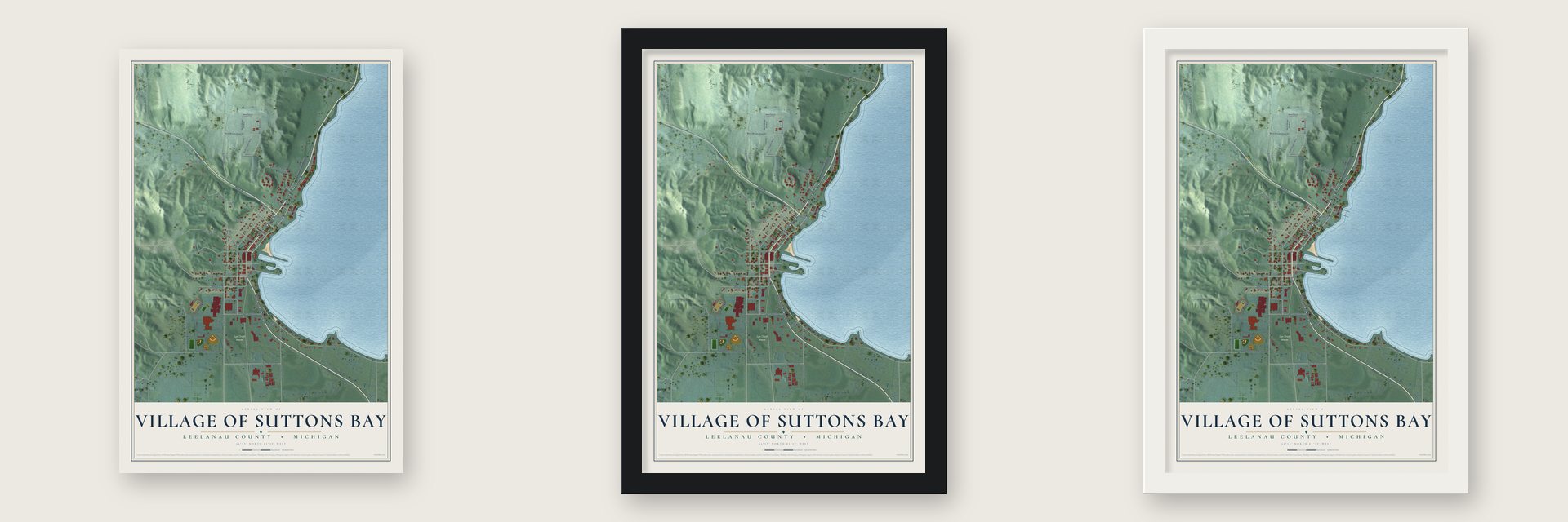 Suttons Bay, Michigan map unframed, in a black wood frame and in a white wood frame