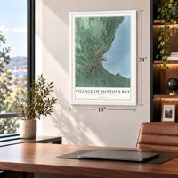 Suttons Bay, Michigan map, 18 x 24 inch print in a white frame in a home office