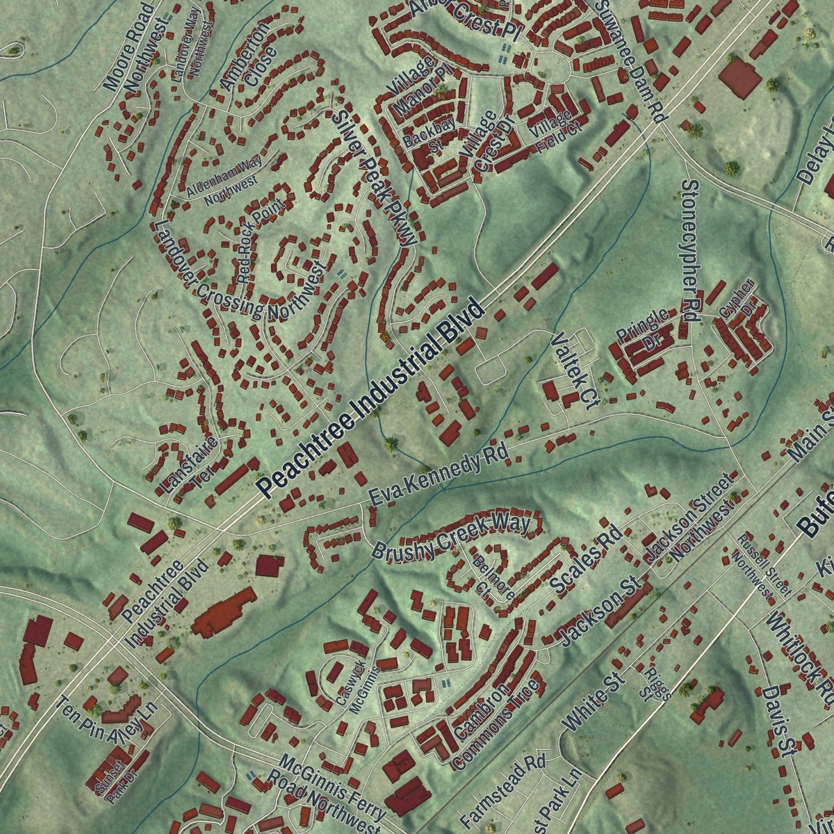 Second close-up of the map of Suwanee, Georgia print showing more streets and buildings