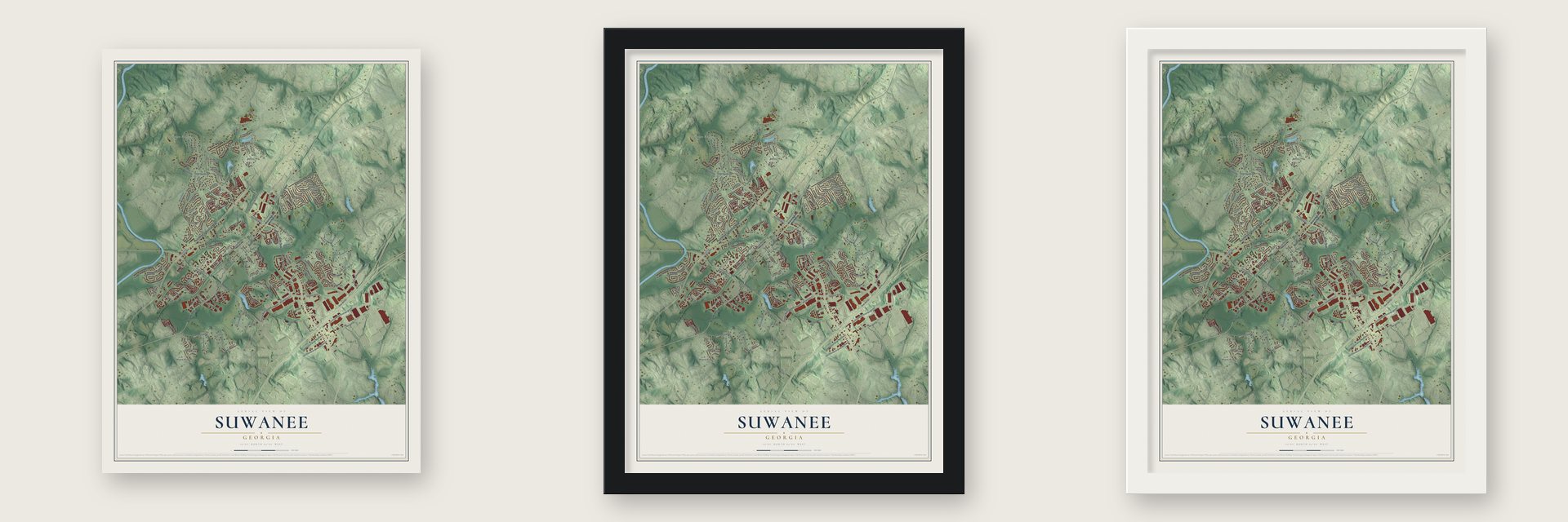 Suwanee, Georgia map unframed, in a black wood frame and in a white wood frame