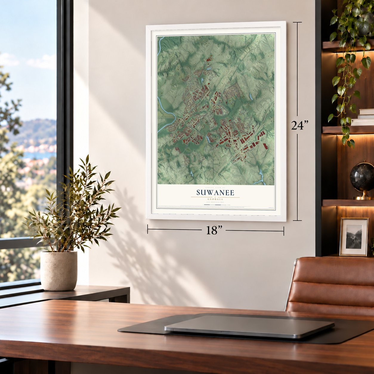 Suwanee, Georgia map, 18 x 24 inch print in a white frame in a home office