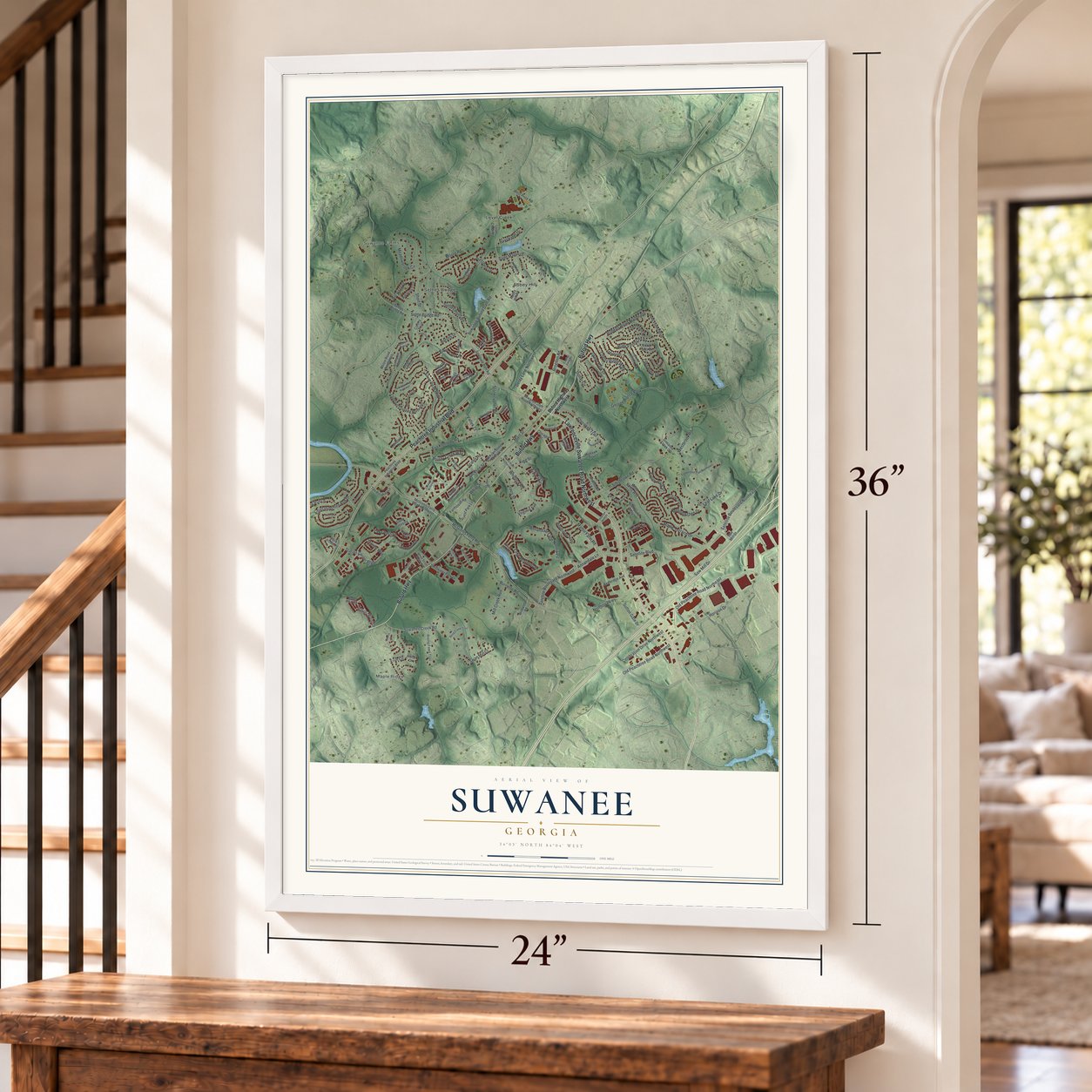 Suwanee, Georgia map, 24 x 36 inch print in a white frame by a staircase