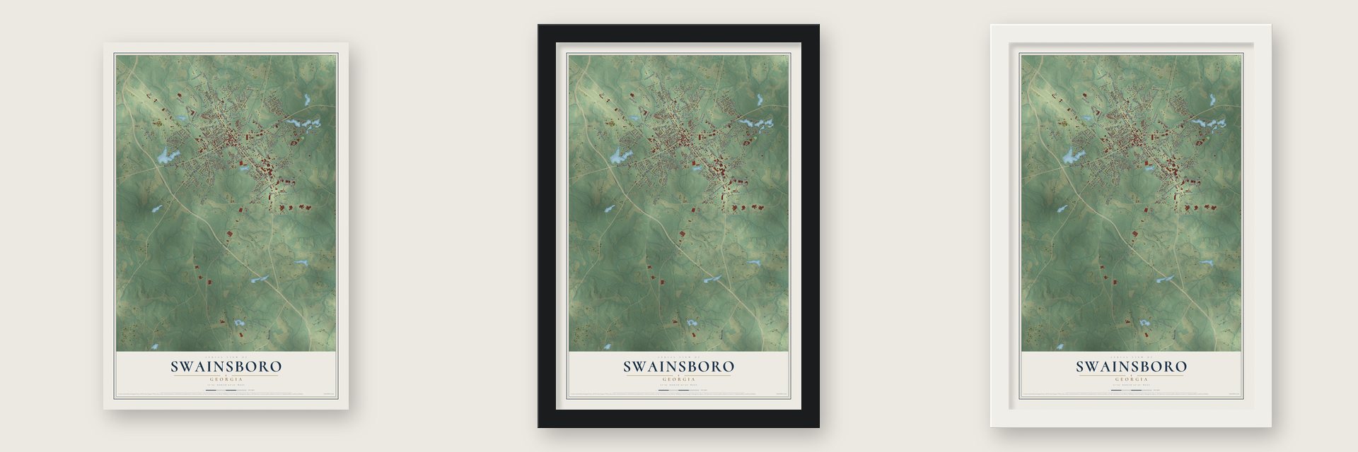 Swainsboro, Georgia map unframed, in a black wood frame and in a white wood frame