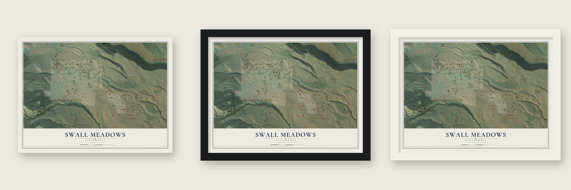 Swall Meadows, California map unframed, in a black wood frame and in a white wood frame