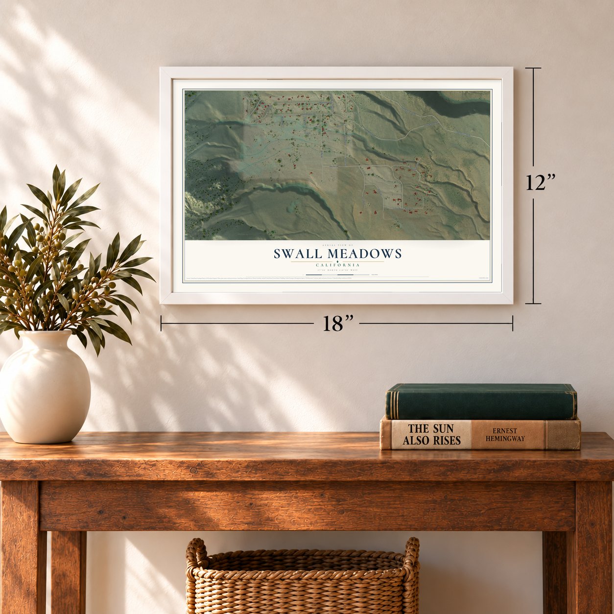 Swall Meadows, California map, 12 x 18 inch print in a white frame in an entryway