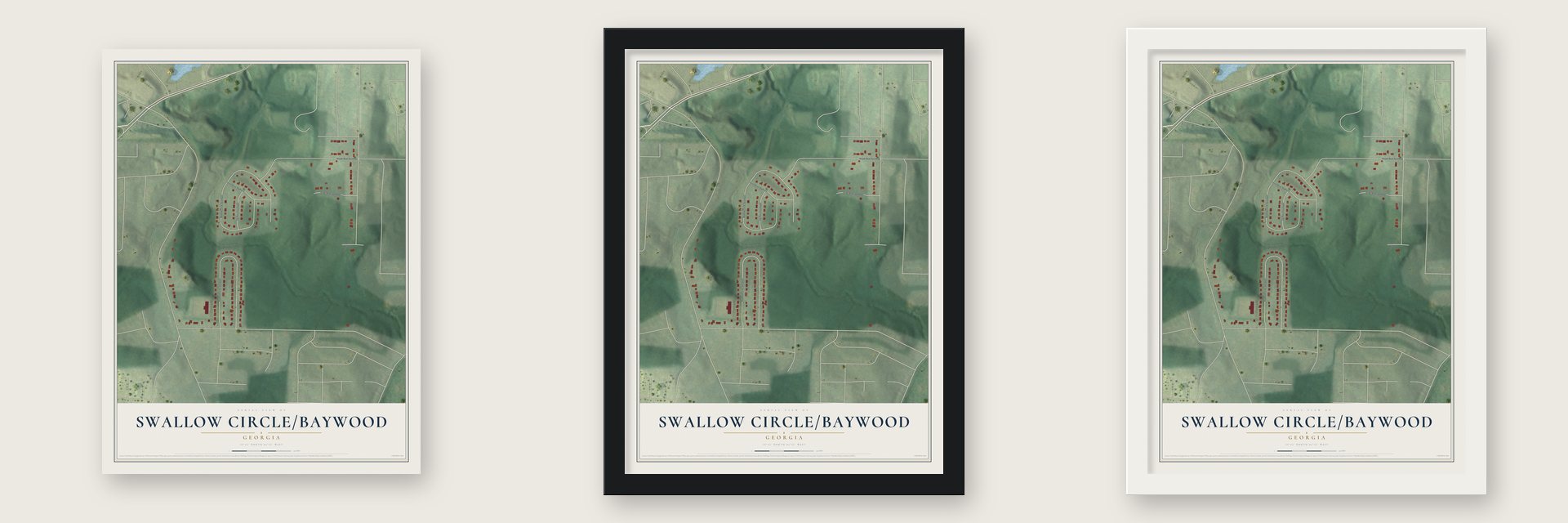 Swallow Circle-Baywood, Georgia map unframed, in a black wood frame and in a white wood frame