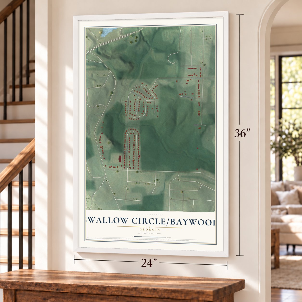 Swallow Circle-Baywood, Georgia map, 24 x 36 inch print in a white frame by a staircase