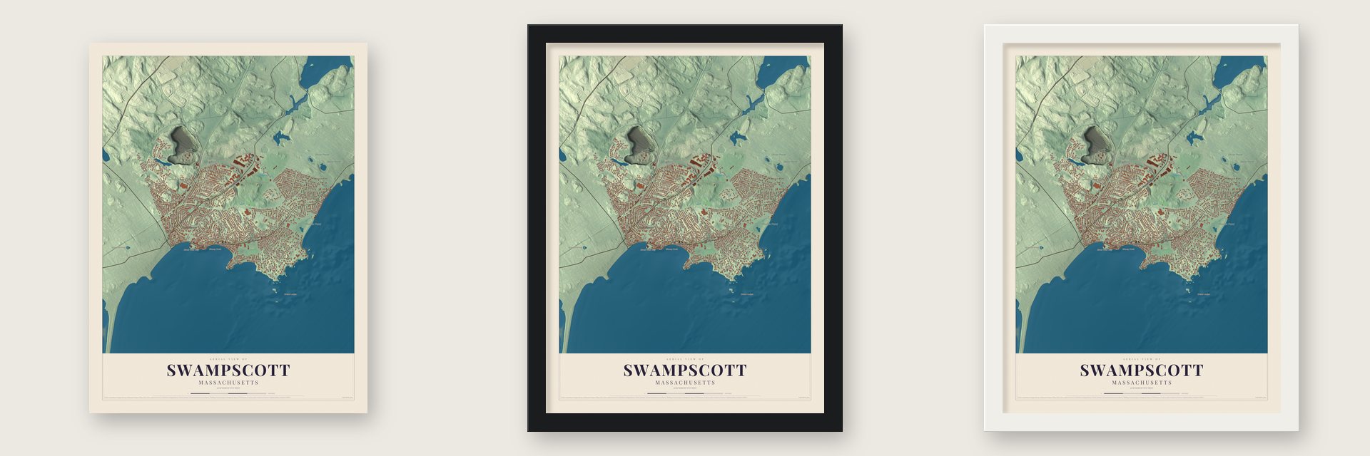 Swampscott, Massachusetts map unframed, in a black wood frame and in a white wood frame