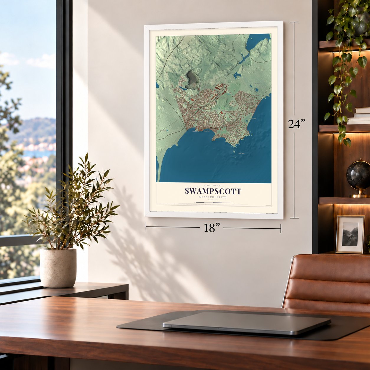 Swampscott, Massachusetts map, 18 x 24 inch print in a white frame in a home office