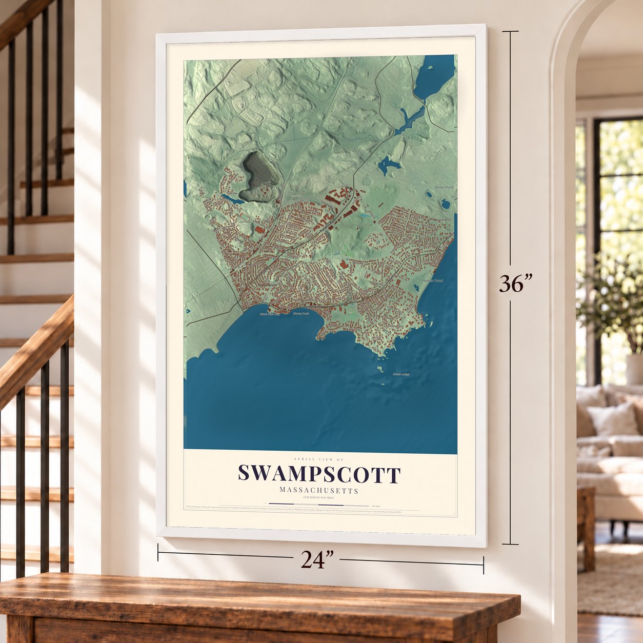Swampscott, Massachusetts map, 24 x 36 inch print in a white frame by a staircase