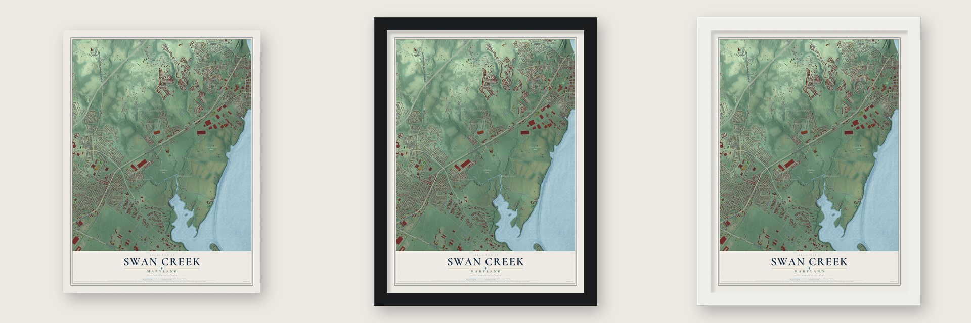 Swan Creek, Maryland map unframed, in a black wood frame and in a white wood frame
