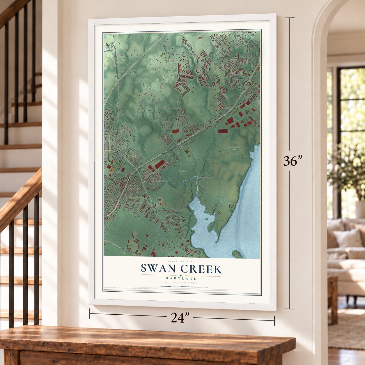 Swan Creek, Maryland map, 24 x 36 inch print in a white frame by a staircase