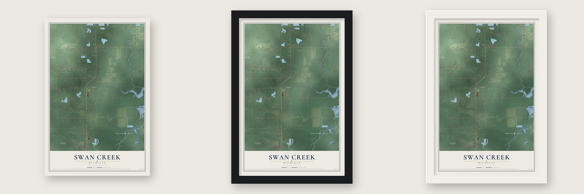 Swan Creek, Michigan map unframed, in a black wood frame and in a white wood frame