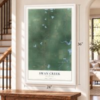 Swan Creek, Michigan map, 24 x 36 inch print in a white frame by a staircase