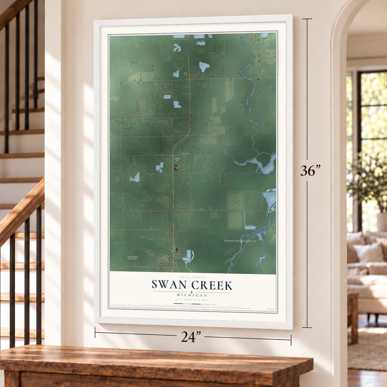 Swan Creek, Michigan map, 24 x 36 inch print in a white frame by a staircase