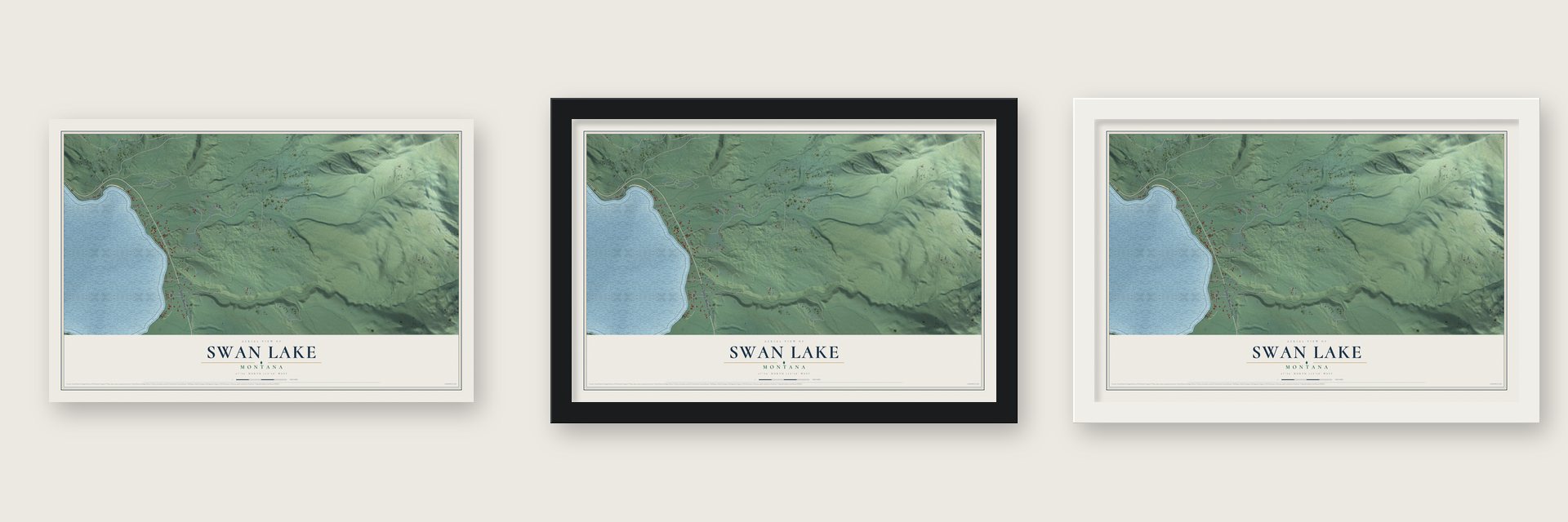 Swan Lake, Montana map unframed, in a black wood frame and in a white wood frame
