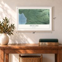 Swan Lake, Montana map, 12 x 18 inch print in a white frame in an entryway