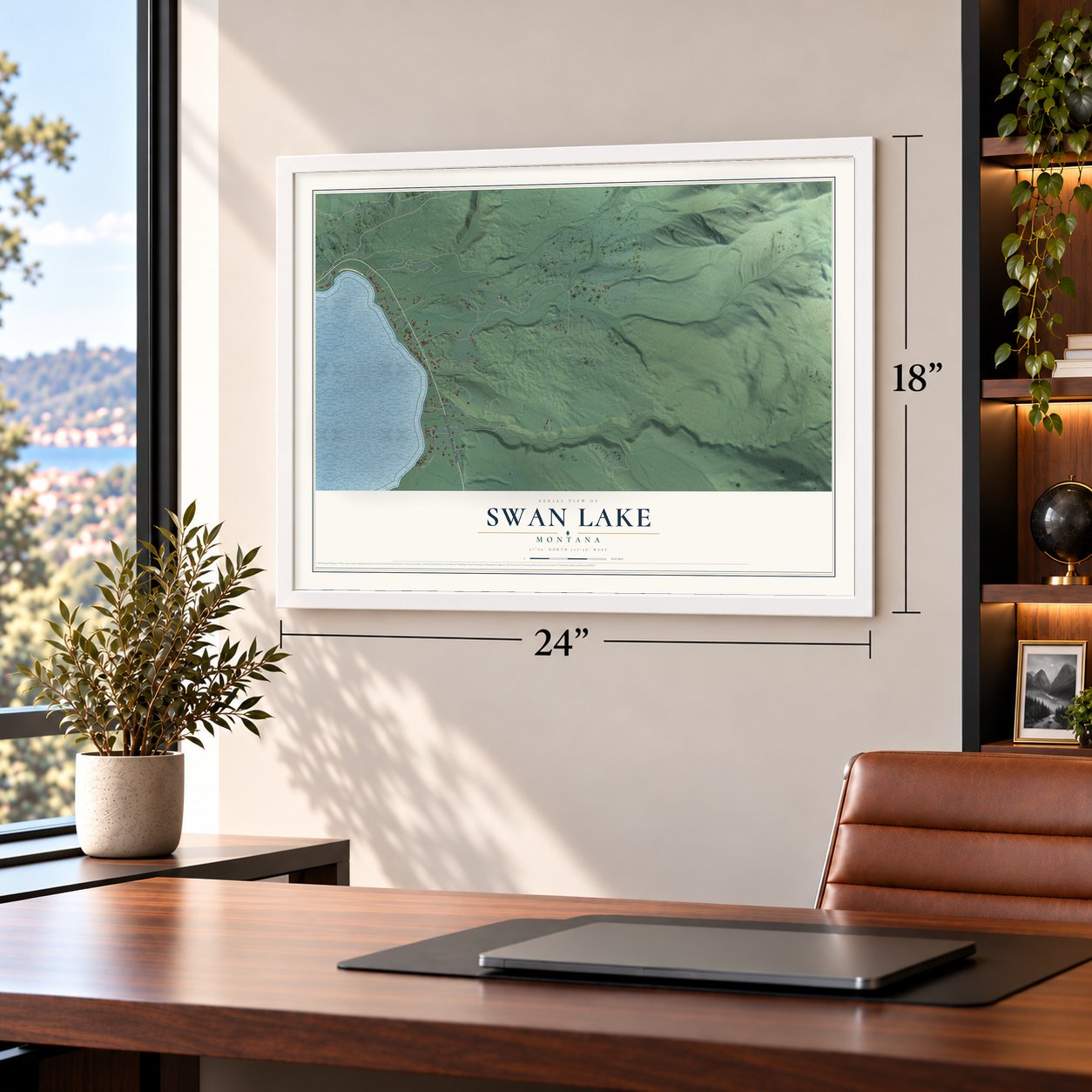 Swan Lake, Montana map, 18 x 24 inch print in a white frame in a home office