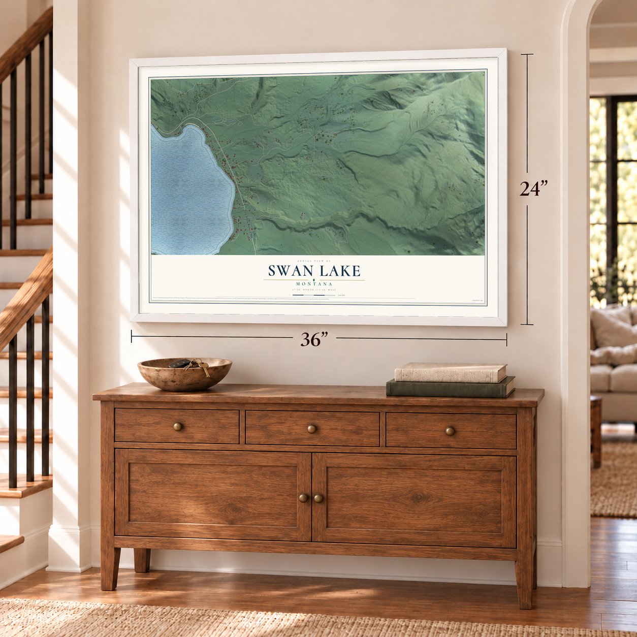 Swan Lake, Montana map, 24 x 36 inch print in a white frame above a dresser by a staircase