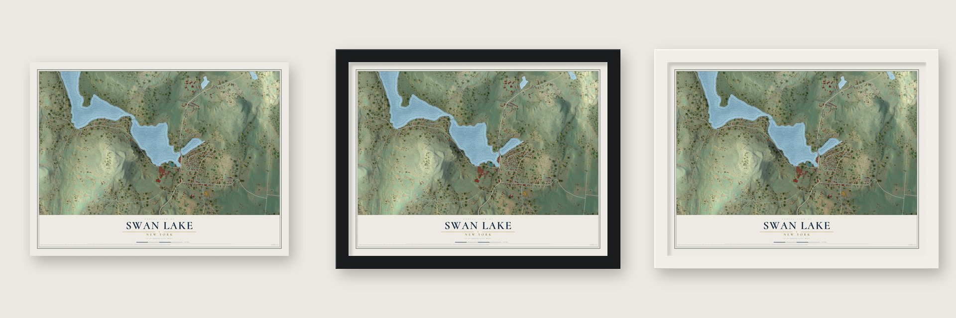 Swan Lake, New York map unframed, in a black wood frame and in a white wood frame