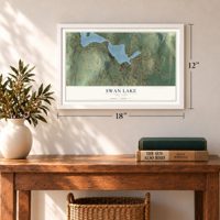Swan Lake, New York map, 12 x 18 inch print in a white frame in an entryway