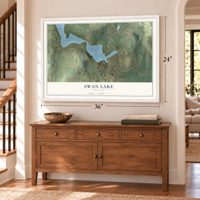 Swan Lake, New York map, 24 x 36 inch print in a white frame above a dresser by a staircase
