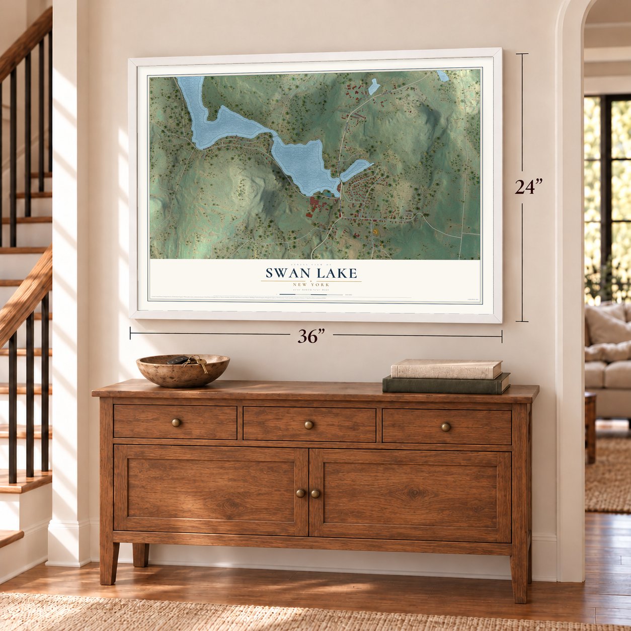 Swan Lake, New York map, 24 x 36 inch print in a white frame above a dresser by a staircase