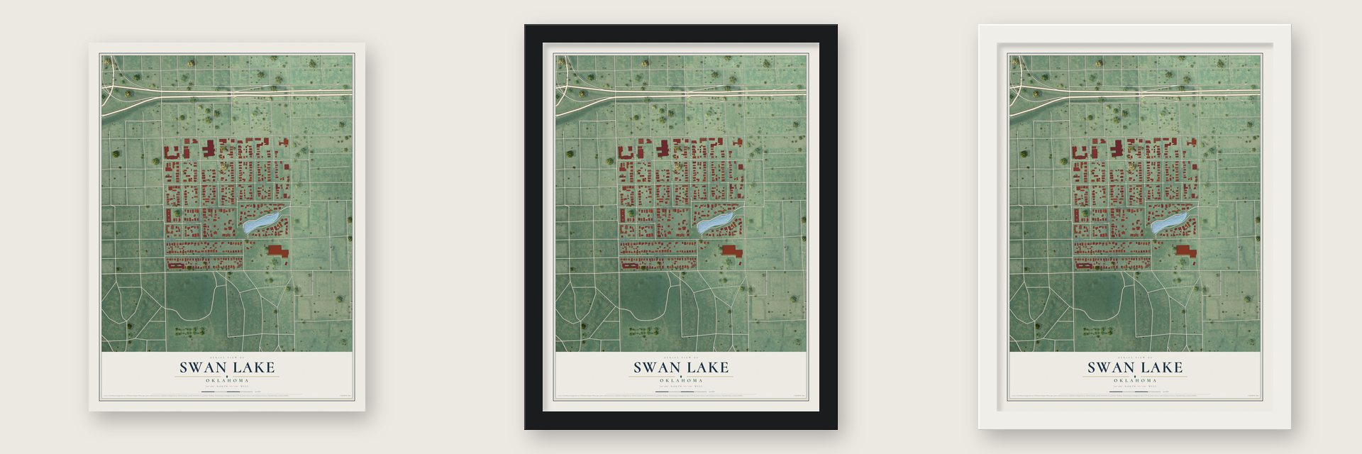 Swan Lake, Oklahoma map unframed, in a black wood frame and in a white wood frame