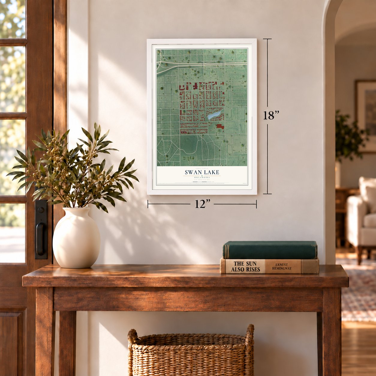 Swan Lake, Oklahoma map, 12 x 18 inch print in a white frame in an entryway