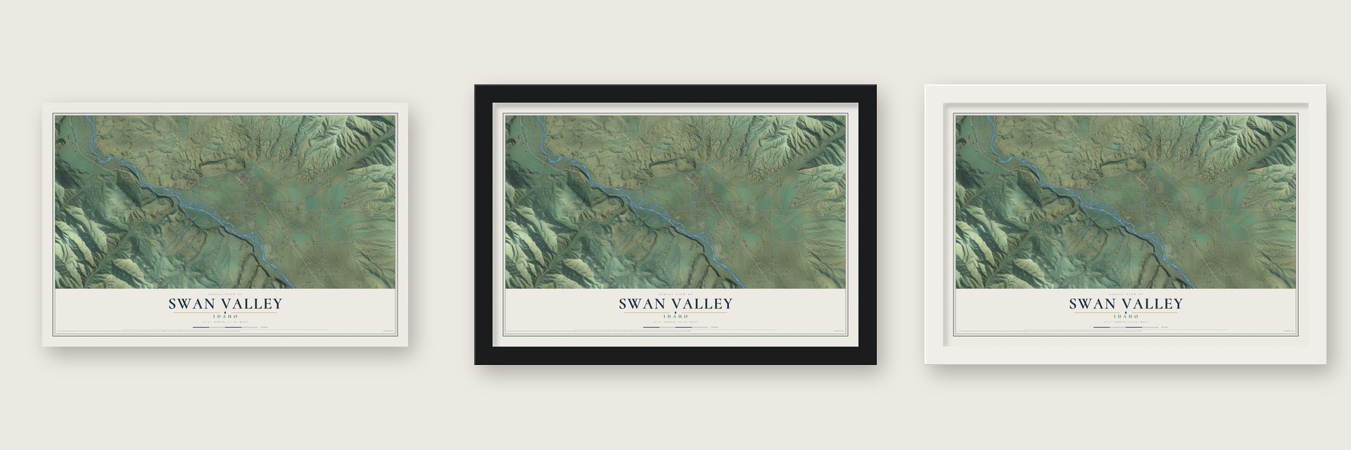 Swan Valley, Idaho map unframed, in a black wood frame and in a white wood frame