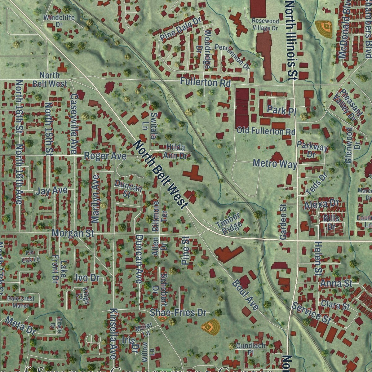 Second close-up of the map of Swansea, Illinois print showing more streets and buildings